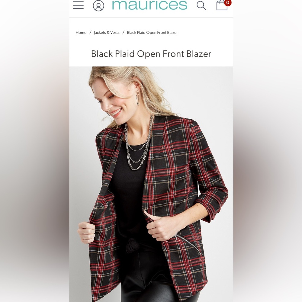 Maurices Black Plaid Open Front Blazer Holiday